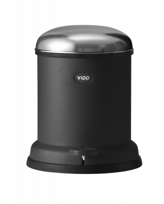 Schwarzer Vipp Treteimer mit vier Litern und einem Deckel aus glänzendem Edelstahl.